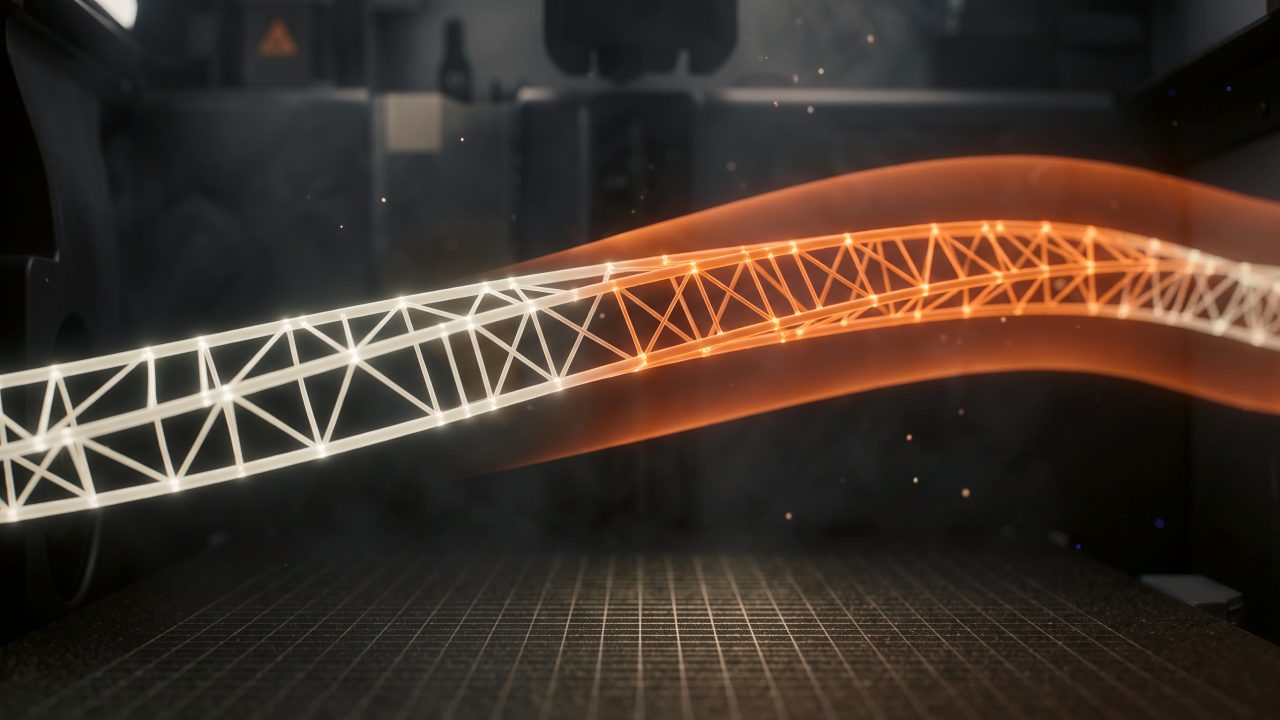 Close up, the line is an engineered lattice over the build plate